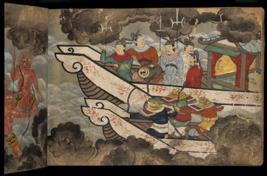 船に乗る中国兵 「大勝館」挿絵（紙本墨彩）