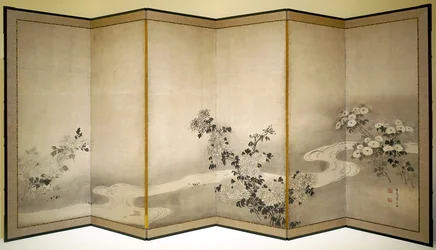 小川の菊（紙にインク）