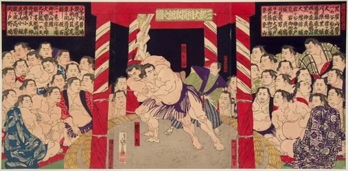Combat de sumo entre Umegatani Totaro I (1845-1928) et Haibirya.Estampe vers 1860-1870 - wrestling match Umegatani vs Haibirya, Anonymous .カラー木版