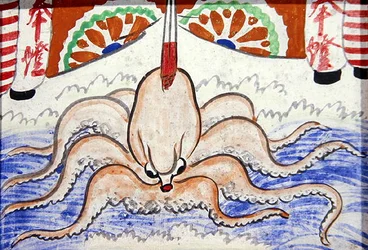 神仏に置かれたタコを描いたEx voto（紙にガッシュ）