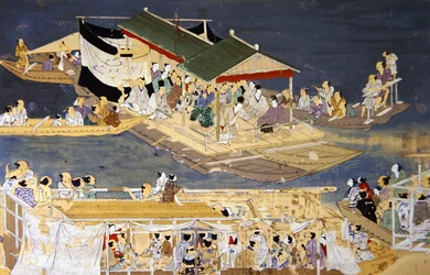 水上の祭礼と猿楽の余興 「国華」1919年4月4日号挿絵（カラーリトグラフ）