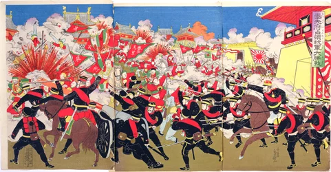 中国の都市での日中部隊間の激しい戦い、19世紀後半の日清戦争のエピソード（カラー木版画）