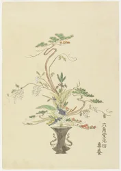 六角堂の生け花？池坊？セニー？松とアカシア（手塗りの木版画）