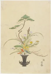 高田アンリツブによるフラワーアレンジメント？雲台;松、菊、カメリア（手塗りの木版画）