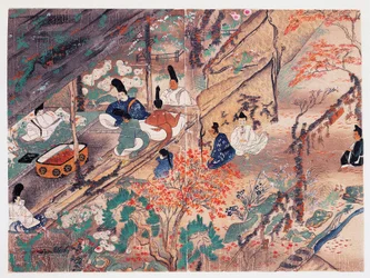 天神さんとして知られる平安の政治家で詩人の菅原道真 (845-903)、京都の北野天満宮に流刑中 時代（1185-1333）、日本