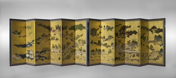 三重日枝彩礼図、17世紀（紙に墨、色、金箔）