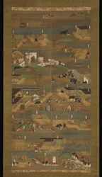 聖徳太子伝記、掛軸、鎌倉時代（1185〜1333）（絹に墨、色、金）