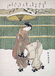 雪の中を歩く日本の恋人、パブ。 C. 1768