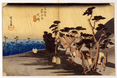 雨の中の風景。日本の版画です。19世紀