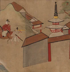 塔の近くで馬に乗る男 「大勝館」挿絵（紙本墨彩）