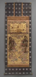 壁画です。二十五菩薩降臨図
二十五菩薩降臨図（阿弥陀三尊の従者） 18世紀
18世紀 三幅の掛軸 紙に墨、彩色、金箔、真鍮
紙に墨、色、金箔、真鍮)