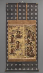 壁画です。二十五菩薩降臨図
二十五菩薩降臨図（阿弥陀三尊の従者） 18世紀
18世紀 三幅の掛軸 紙に墨、彩色、金箔、真鍮
紙に墨、色、金箔、真鍮)