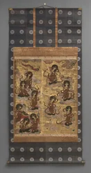 壁画です。二十五菩薩降臨図
二十五菩薩降臨図（阿弥陀三尊の従者） 18世紀
18世紀 三幅の掛軸 紙に墨、彩色、金箔、真鍮
紙に墨、色、金箔、真鍮)