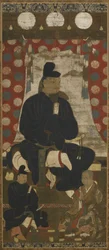 室町時代の二人の息子を連れた藤原のかたたり（614-669）の肖像（絹、墨、色、金）