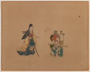 侍と二人の盲人、アルバムの葉の絵（紙にインクと色）