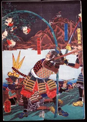 斬った敵の首を竹杖に差す武士、世話物（せわもの）