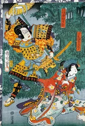 竹林の庭で恋人に会う侍