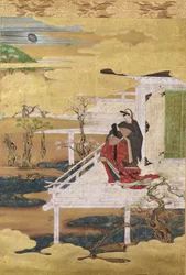 源氏物語の風景（紙にインク色と金箔）