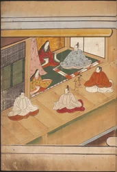 着席した日本の貴族、「大職館」のイラスト（紙にインクとカラー）