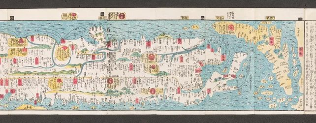 日本の道路地図の一部。  大日本国順路名機大成。 【「日本全国の大通りがくっきりとわかる地図」】  1850年