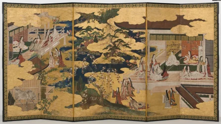 春の宮殿、源氏物語6面屏風、1650年頃（インク、色、紙に金）
