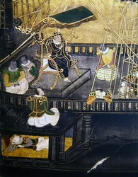 1594-1618年の南蛮兵屏風からの、ポルトガル人の日本到着、船の中央部にいる男性の詳細
