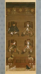 K？yasan寺院の4つの神々、14世紀後半、Nanbokuch？時代（1336年から92年）、掛け軸（絹にインク、色、金）