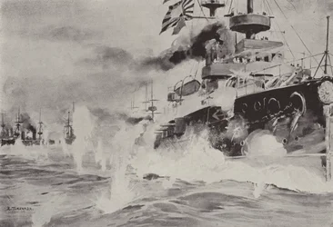 8月10日、旅順港沖でロシア戦隊と勇敢に戦うミカサ (litho)