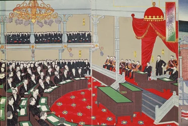 19世紀後半の東京の議会（カラー木版画）