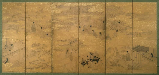 17世紀後半〜18世紀初頭の源氏物語（雲母紙に顔料と金箔を使用したインク）（171423のペア）