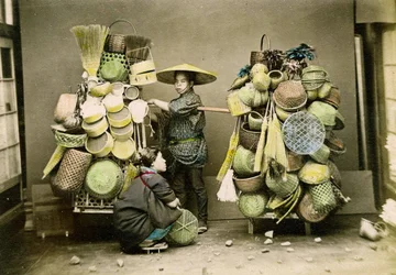 The basket seller, c.1888 (hand coloured Albumen photo)