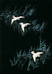 黒い風景の中の三羽の鶴