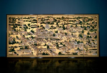 江戸時代の京都とその周辺の風景、1616〜24年頃（紙に墨、色、金箔）