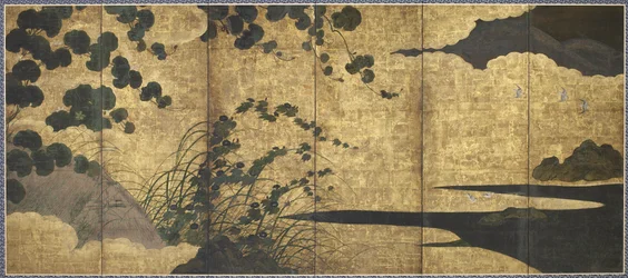 ブドウ、小屋、草、海岸の鳥、桃山時代、1568〜1615年（紙に金、インク、色）