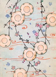 カラー木版画「満開の桜の中のランタン