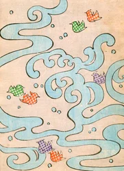 カラー木版画「水の上を飛ぶスタイライズド・バード