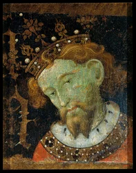 アルフォンス 3 世デス アストゥリアス、ル グランと呼ばれる - アルフォンソ 3 世 (1265-1291)、アラゴン王 - Peinture de Jaume (Jaime) Mateu (1382-1452) - 1427 - パネル上のテンペラ - 56.5x45.2 - 国立美術館カタロニア、バルセロナ