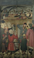 サラゴサの聖ヴィンセントの祭壇画からのサラゴサの聖ヴィンセントの墓 (d.304) の下にある取り憑かれた男の悪魔祓い