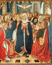 ペンテコステの表。ポルトガルのコンスタブルの祭壇画より（1464-1465年）。木に絵の具。ジャウメ・ユゲト（1414-1492）作。15世紀（木の上の絵
