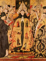 ""ヒッポの聖アウグスティヌスの奉献 "" 聖アウグスティヌスの祭壇画。ジャウメ・ユゲ（1415-1492）による木版デトレム。1466-1475.バルセロナの聖アウグスティヌス教会より。