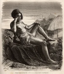 マルキーズ諸島のタイオハエ（Taio-Hae）の先住民の女性が刺青の入った脚を淡々と見せている。1872年から1874年にかけて、A.Rixensが太平洋の記憶を描いた絵の後に彫られたもので、A.Pailhesが船の標識を描いたもので、「Le t