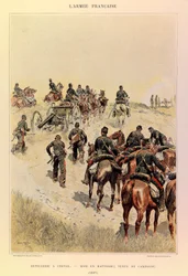 Edouard Detaille（1848-1912）が描いたジュール・リシャール大尉のフランス軍の種類と軍服。馬上の大砲、バッテリー、1887年の野戦服、個人蔵
