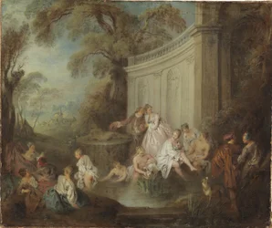 Une compagnie se baignant dans un parc - A company bather in a park, by Pater, Jean-Baptiste (1695-1736).キャンバスに油彩。サイズ：49x59 cm。ストックホルム国立博物館