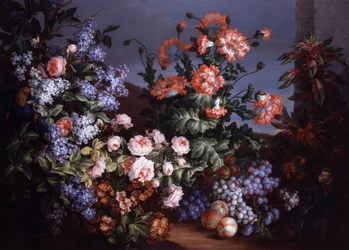 バラとライラックの静物画。ジャン・バティスト（ジャン＝バティスト）・モノワイエ（1634-1699）作 個人蔵