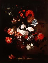 カーネーション、チューリップ、シャクヤクなどの花の静物画