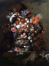 花と葡萄の静物画（油彩・キャンバス）