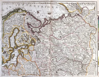 モスクワ（ロシア）、スウェーデン王国、バルト三国、ポーランドの一部の地図（銅版画