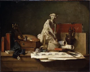 ""Still Life with Attributes of the Arts"" (Still Life with Attributes of the Arts) ペタサス、画家のパレット、本で覆われた水星の彫刻。 ジャン・バティスト・シメオン・シャルダン (1699-1779) の絵画 幅 112x140.5 cm エルミタージュ美術館、サンクトペテルボ