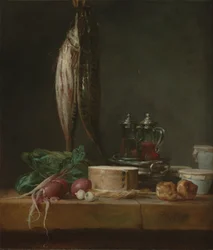テーブルの上の魚、野菜、グジェ、鍋、クルーのある静物画