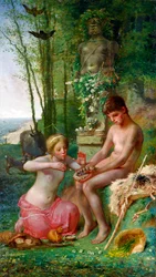 「春とダフニスとクロエ」（春（ダフニスとクロエ）） ジャン=フランソワ（ジャン・フランソワ）ミレー画（1814-1875） - 1865 - キャンバスに油彩 薄暗い 235.5x135 cm 国立西洋美術館、東京
